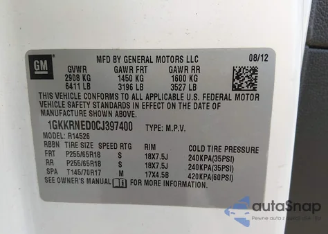 2012 GMC Acadia Sl z USA, uszkodzony, nr VIN 1GKKRNED0CJ397400